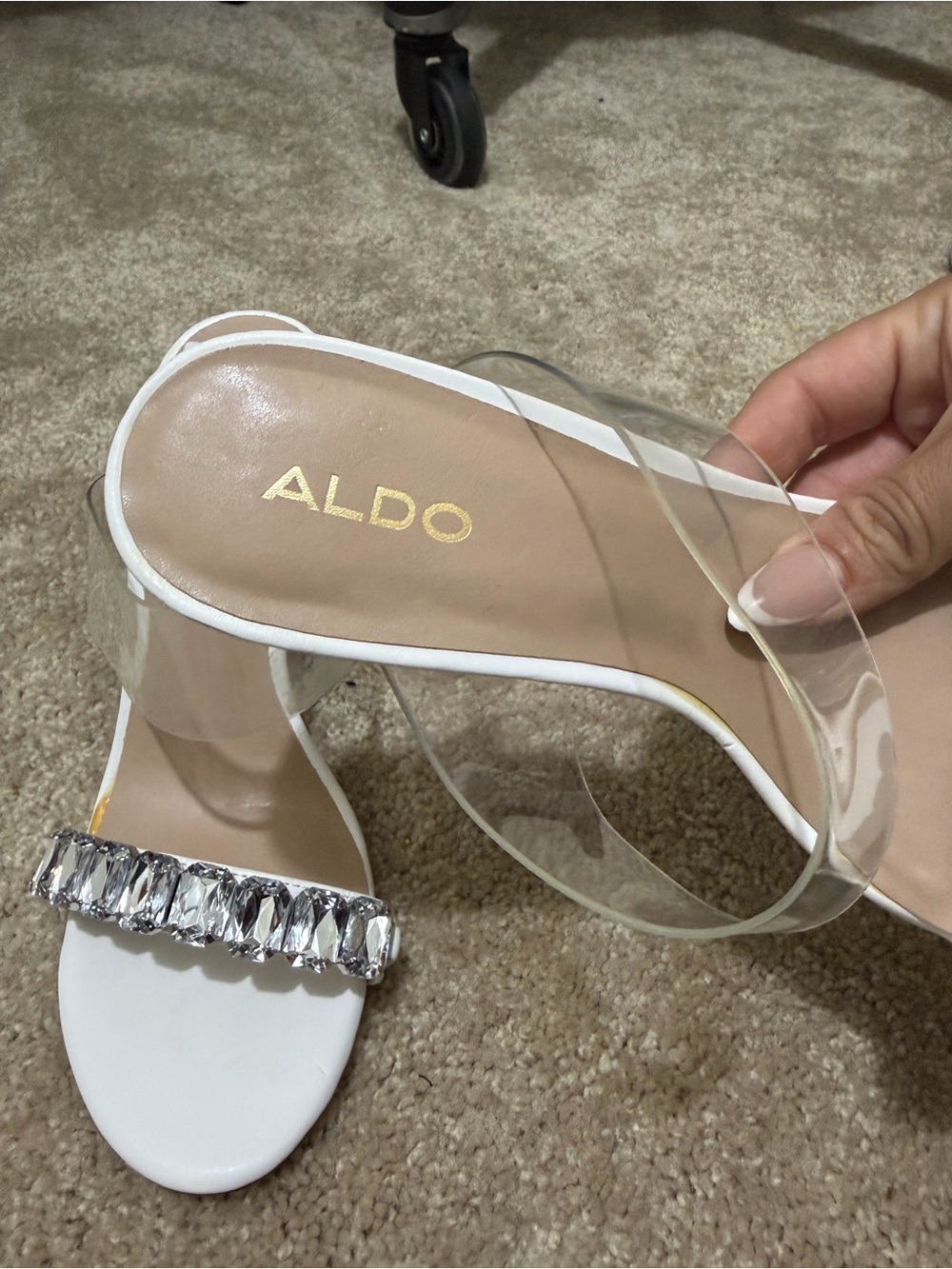 ALDO White Crystal-Embellished Clear Strap Slide Sandals